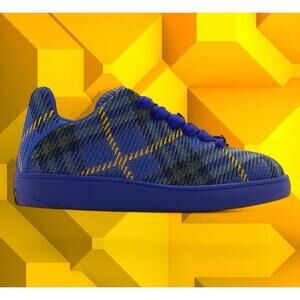NIB BURBERRY BOX NAVY BLUE CHECK CANVAS LOGO PLATFORM SNEAKERS 11 US 44 ITALY